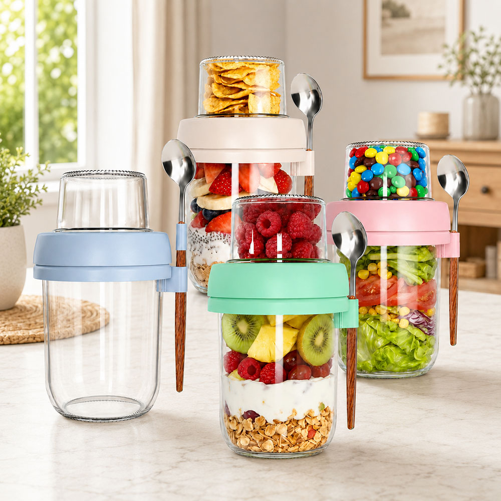 Overnight Oat Jar - Transparent Glass Yogurt Cup with Spoon,